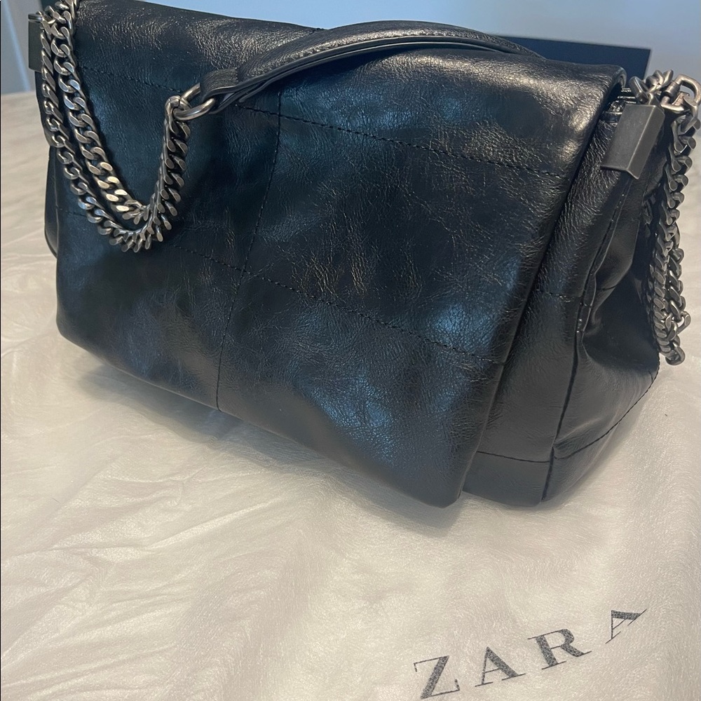 ZARA black handbag with gun metal straps . Vegan